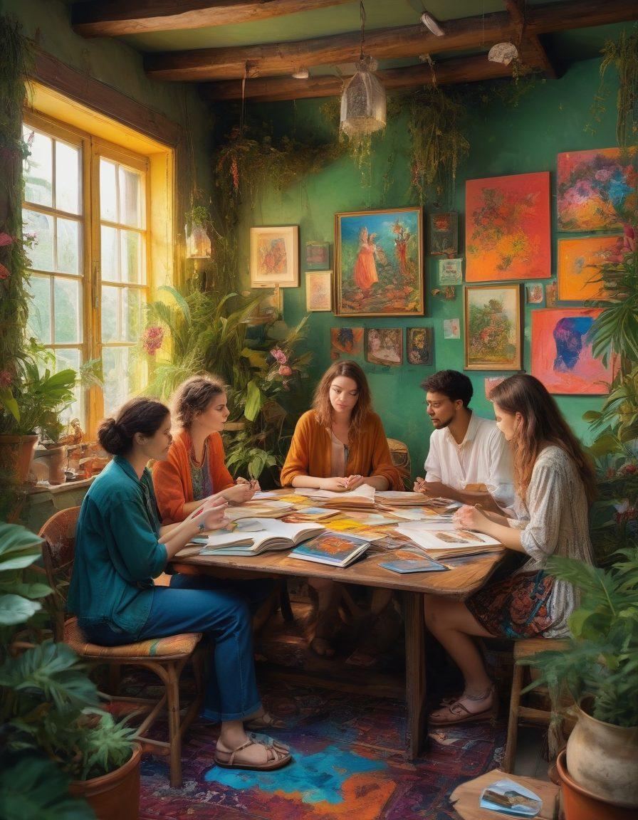 A vibrant gathering of diverse individuals engaging in philosophical discussions, surrounded by colorful artworks and nature, symbolizing freedom and individualism. Elements of creativity and a sense of liberation are included, such as paint splashes and open books. The atmosphere is dynamic and lively, embodying a celebration of personal expression. bright colors. bohemian style.