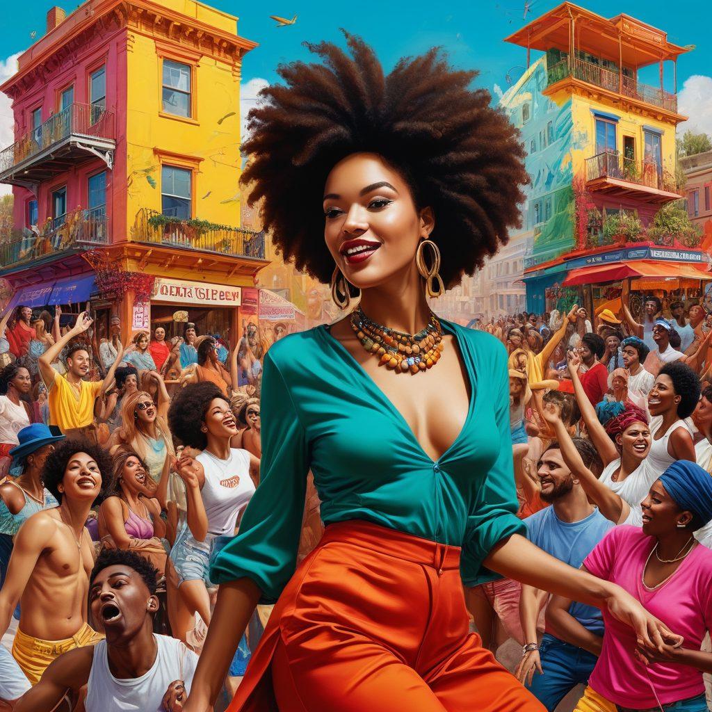 A vibrant montage showcasing diverse individuals freely expressing themselves in bold colors, symbolizing libertinism and hedonism. Include elements like provocative art, lively gatherings, and various forms of self-expression such as dancing, writing, and painting. The background features iconic landmarks representing global cultures, blending modern and vintage aesthetics. Capture the essence of a thriving, open-minded blogging community with a focus on individuality. surrealism. vibrant colors. 3D.