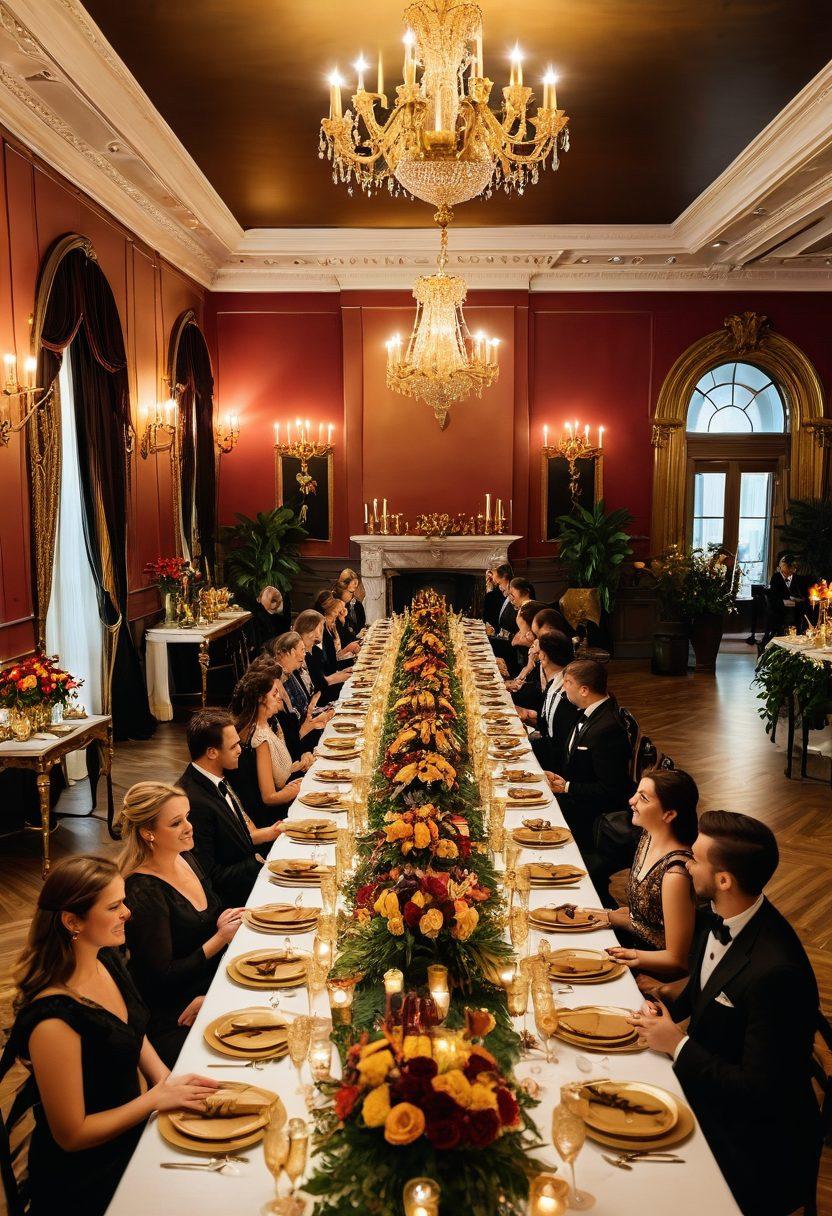 An opulent setting depicting a lavish banquet with vibrant colors, where elegantly dressed individuals celebrate life with laughter and joy. Include luxurious decorations, indulgent food and wine, and symbols of freedom like butterflies and open books. The scene should evoke a sense of hedonism and the embrace of individuality. ultra-realistic. vibrant colors. romantic ambiance.